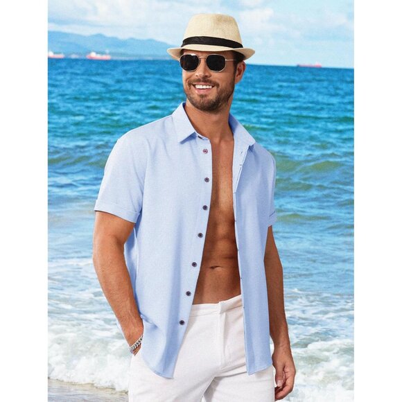 Men's Light Blue Linen Short Sleeve Button Down Casual Shirt Business Dress - Picture 2 of 6